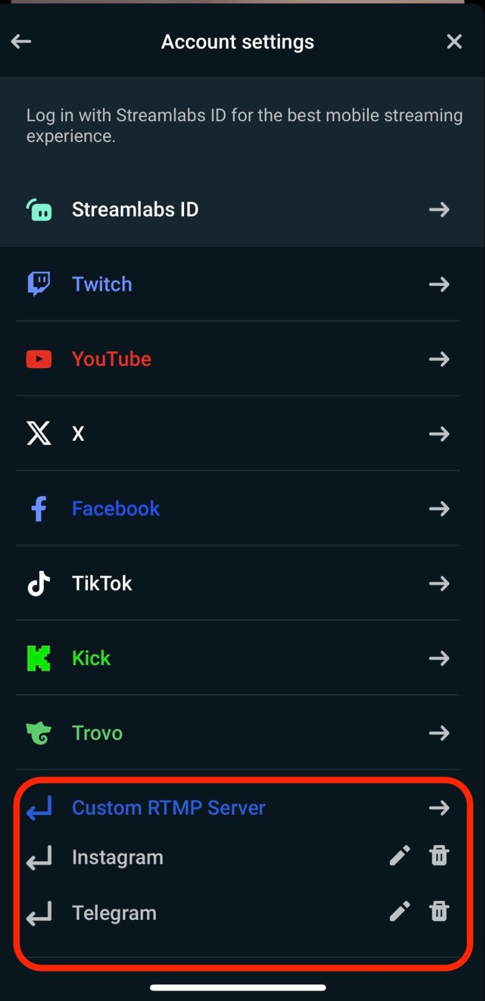 streamlabs mobile app custom rtmp server button